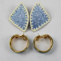 Lot of 2 Pairs Costume Earrings Clip-On Hoops & Dangle Blue Green White