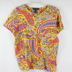 Lauren Ralph Lauren Women's XL Yellow/Multicolor Beaded Paisley Graphic Tee