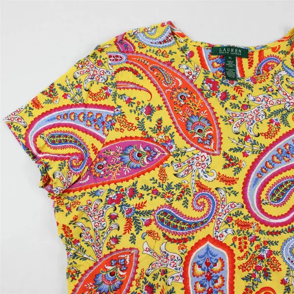 Lauren Ralph Lauren Women's XL Yellow/Multicolor Beaded Paisley Graphic Tee