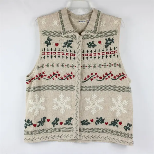 VTG North Crest Women's 1X Tan Christmas Theme Embroidered Button Up Knit Vest
