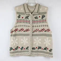 VTG North Crest Women's 1X Tan Christmas Theme Embroidered Button Up Knit Vest