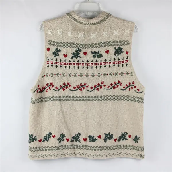 VTG North Crest Women's 1X Tan Christmas Theme Embroidered Button Up Knit Vest