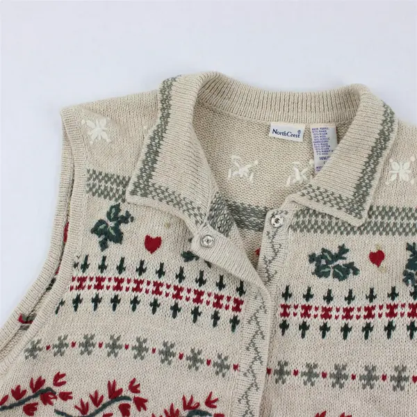 VTG North Crest Women's 1X Tan Christmas Theme Embroidered Button Up Knit Vest