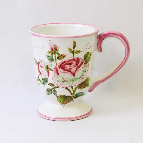 Ceramic Footed White Floral Love Coffee Mug - Used Good Condition