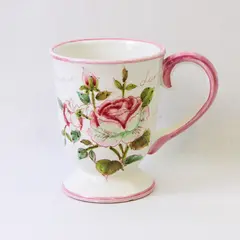 Ceramic Footed White Floral Love Coffee Mug - Used Good Condition