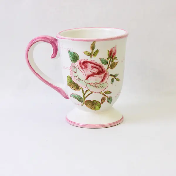 Ceramic Footed White Floral Love Coffee Mug - Used Good Condition