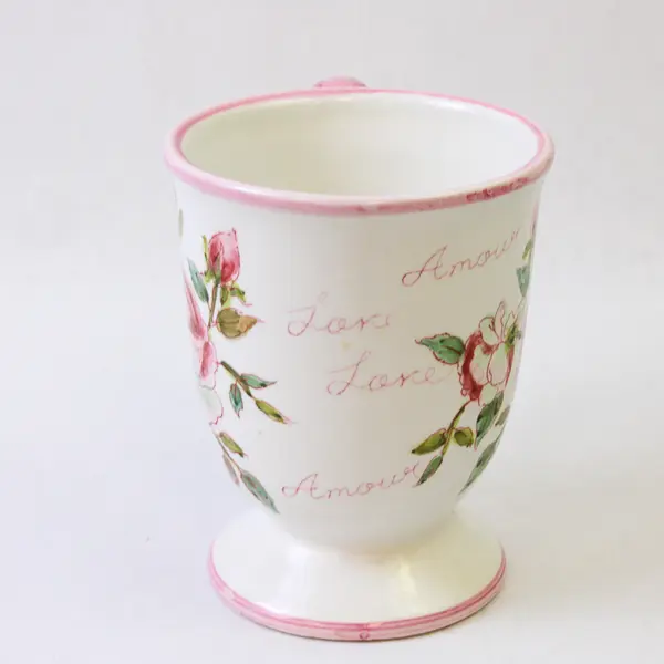Ceramic Footed White Floral Love Coffee Mug - Used Good Condition