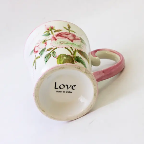 Ceramic Footed White Floral Love Coffee Mug - Used Good Condition