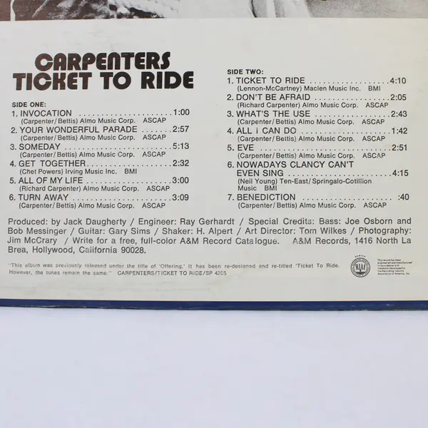 1970 Carpenters Ticket To Ride 12" Vinyl LP Record 