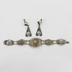 Vtg Sterling Silver Llama Filigree Panel Bracelet W/ Clip On Earrings Peru