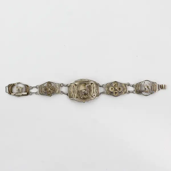 Vtg Sterling Silver Llama Filigree Panel Bracelet W/ Clip On Earrings Peru