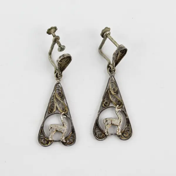 Vtg Sterling Silver Llama Filigree Panel Bracelet W/ Clip On Earrings Peru