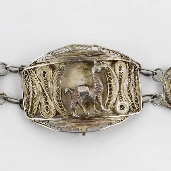 Vtg Sterling Silver Llama Filigree Panel Bracelet W/ Clip On Earrings Peru
