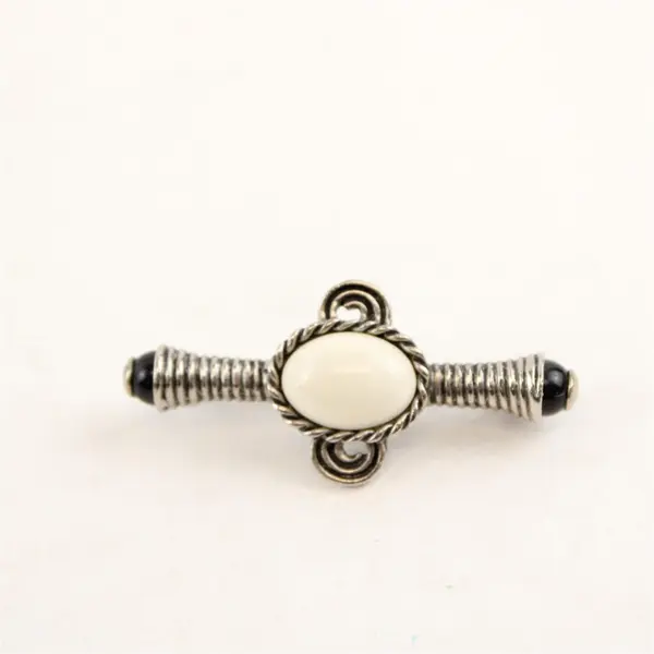Vintage Silvertone Bar Brooch White Cabochon Black Bead Ends Rope Detail