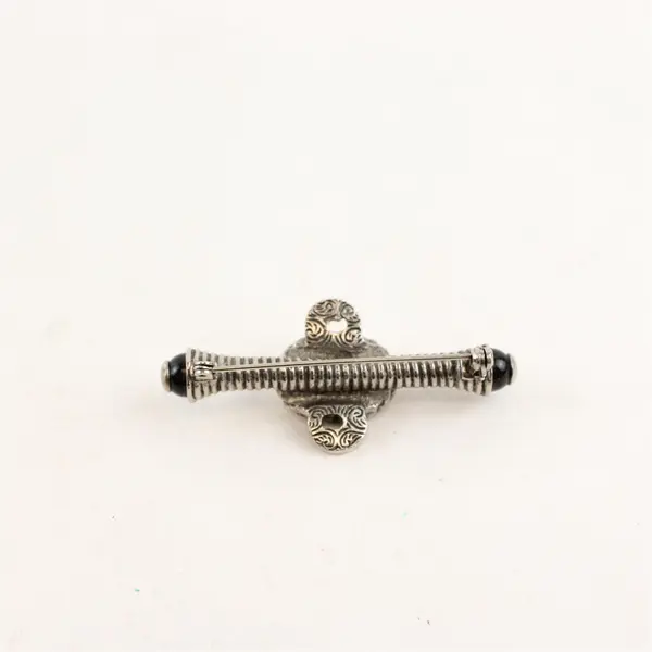 Vintage Silvertone Bar Brooch White Cabochon Black Bead Ends Rope Detail