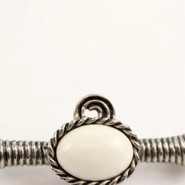 Vintage Silvertone Bar Brooch White Cabochon Black Bead Ends Rope Detail