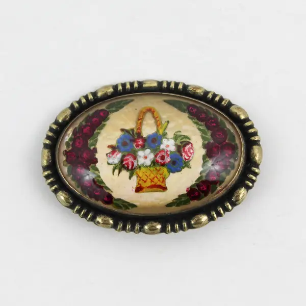 Victorian Domed Glass Reverse Painted Flower Basket Brooch