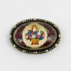 Victorian Domed Glass Reverse Painted Flower Basket Brooch