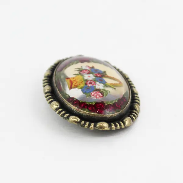 Victorian Domed Glass Reverse Painted Flower Basket Brooch