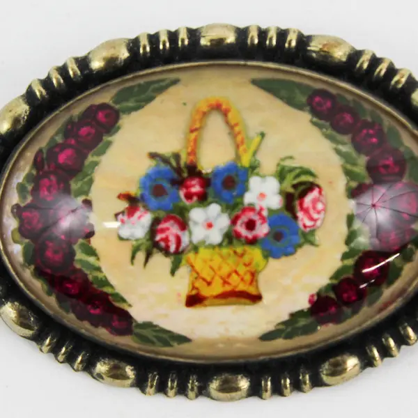 Victorian Domed Glass Reverse Painted Flower Basket Brooch