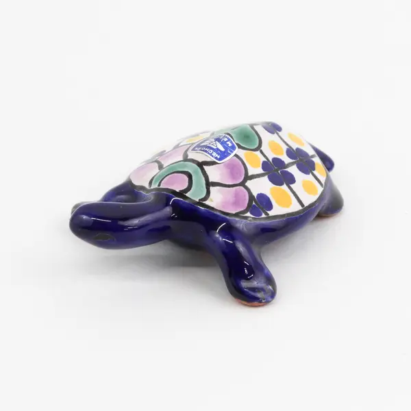 Hand Crafted Ceramic Cobalt Blue Turtle Figurine W/ Floral Shell  Mexico 3.5"