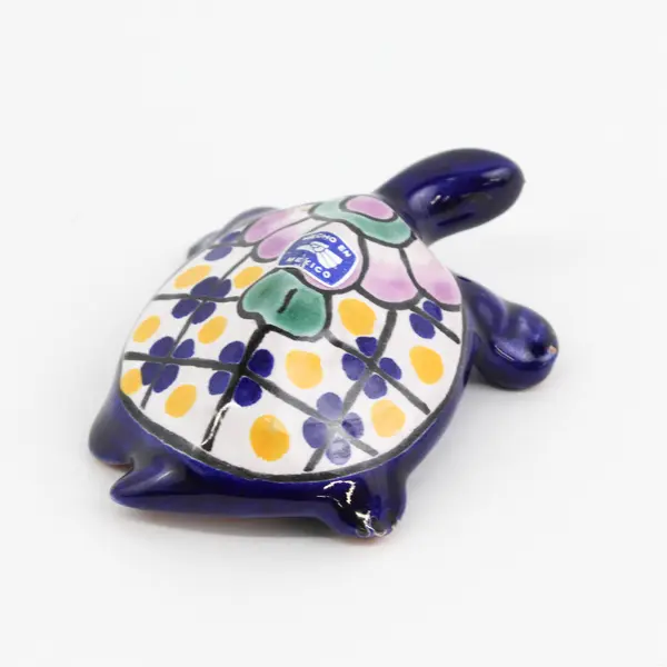 Hand Crafted Ceramic Cobalt Blue Turtle Figurine W/ Floral Shell  Mexico 3.5"
