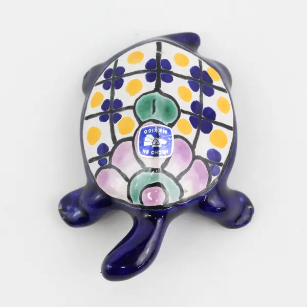 Hand Crafted Ceramic Cobalt Blue Turtle Figurine W/ Floral Shell  Mexico 3.5"