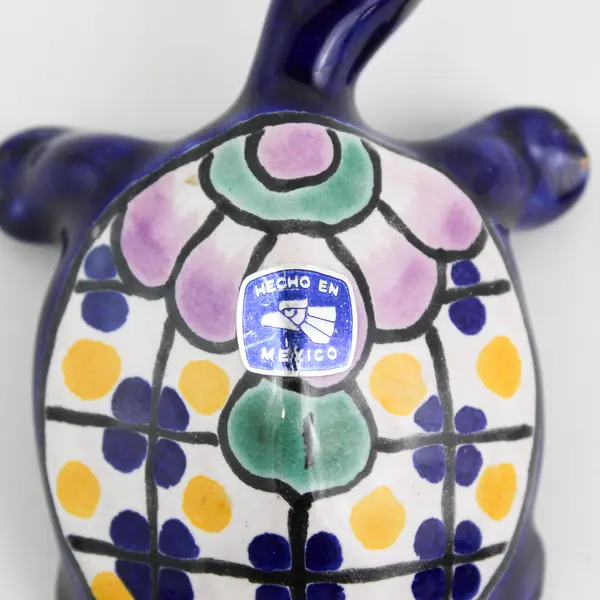 Hand Crafted Ceramic Cobalt Blue Turtle Figurine W/ Floral Shell  Mexico 3.5"