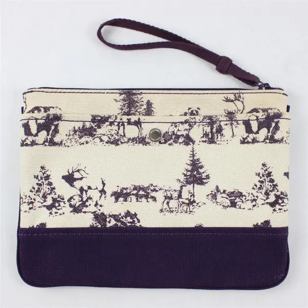 Lands End Purple and White Wild Animal Graphic Print Canvas Wristlet Pouch