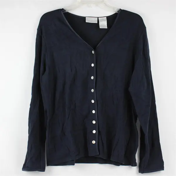 Worthington Stretch Women's L Navy Blue Abalone Shell Button Up Cardigan Sweater