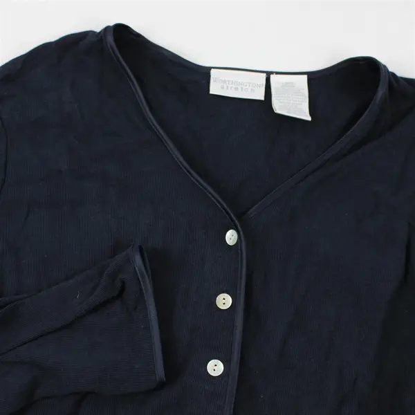 Worthington Stretch Women's L Navy Blue Abalone Shell Button Up Cardigan Sweater