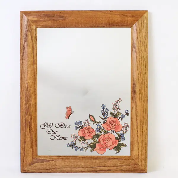 Vintage God Bless Our Home Butterfly/Roses Hanging Wall Mirror, 11"x14"