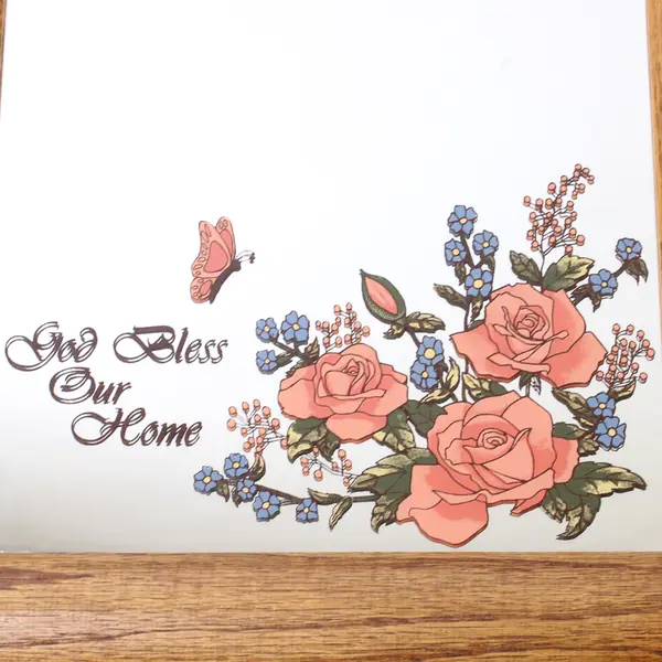Vintage God Bless Our Home Butterfly/Roses Hanging Wall Mirror, 11"x14"