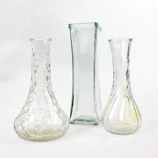 Lot of 3 Glass Vases 8in Tall Decorative Floral Tabletop Accents