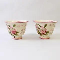 Set of 2 Ceramic Bowls Pink Rose Love Motif 5.5" Chipped