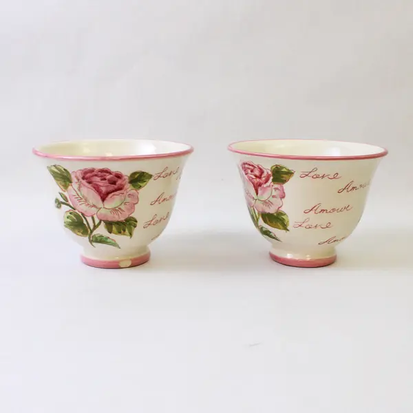 Set of 2 Ceramic Bowls Pink Rose Love Motif 5.5" Chipped