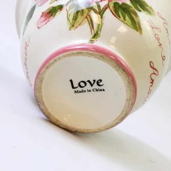 Set of 2 Ceramic Bowls Pink Rose Love Motif 5.5" Chipped