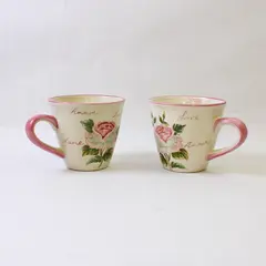 Set of 2 Pink Rose Ceramic Coffee Mugs Love Motif 