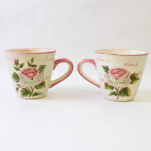 Set of 2 Pink Rose Ceramic Coffee Mugs Love Motif 