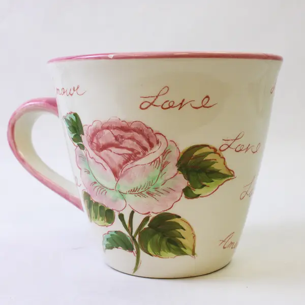 Set of 2 Pink Rose Ceramic Coffee Mugs Love Motif 