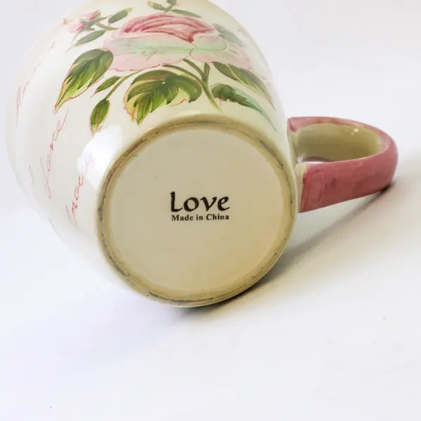 Set of 2 Pink Rose Ceramic Coffee Mugs Love Motif 