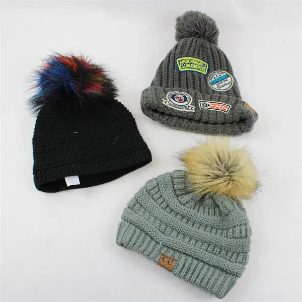 Lot of 3 Women's Black & Gray Knit Beanies with Poms One Size