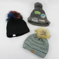 Lot of 3 Women's Black & Gray Knit Beanies with Poms One Size