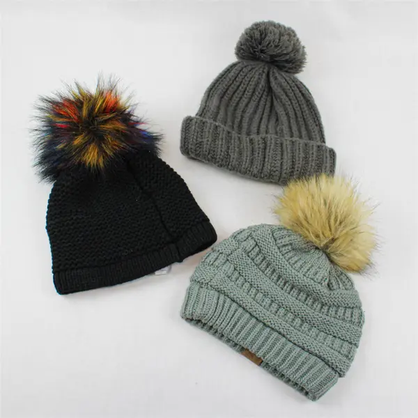 Lot of 3 Women's Black & Gray Knit Beanies with Poms One Size
