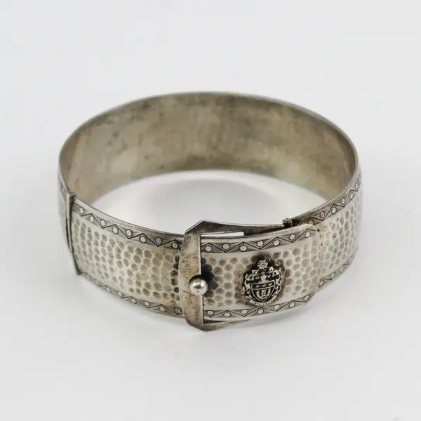 Antique Victorian Silver Tone Buckle Bangle Bracelet With Crest