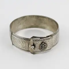 Antique Victorian Silver Tone Buckle Bangle Bracelet With Crest