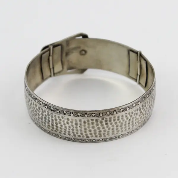 Antique Victorian Silver Tone Buckle Bangle Bracelet With Crest