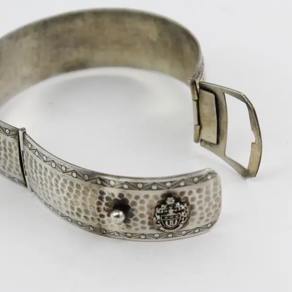 Antique Victorian Silver Tone Buckle Bangle Bracelet With Crest