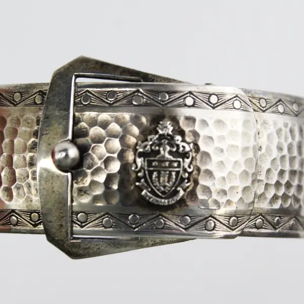 Antique Victorian Silver Tone Buckle Bangle Bracelet With Crest