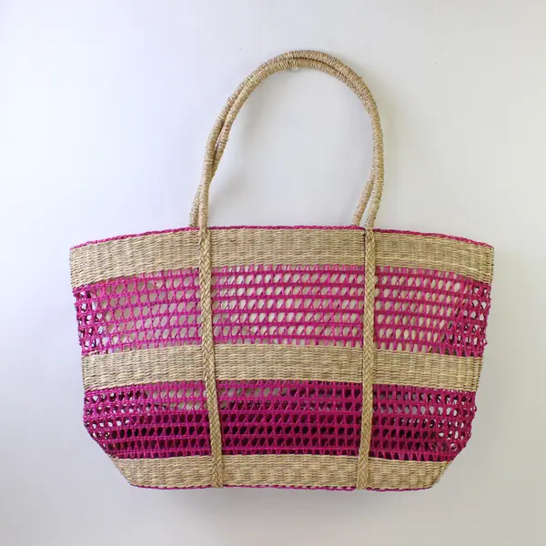 Pink Woven Sea Grass Festival Beach Bag Tote 13.5"